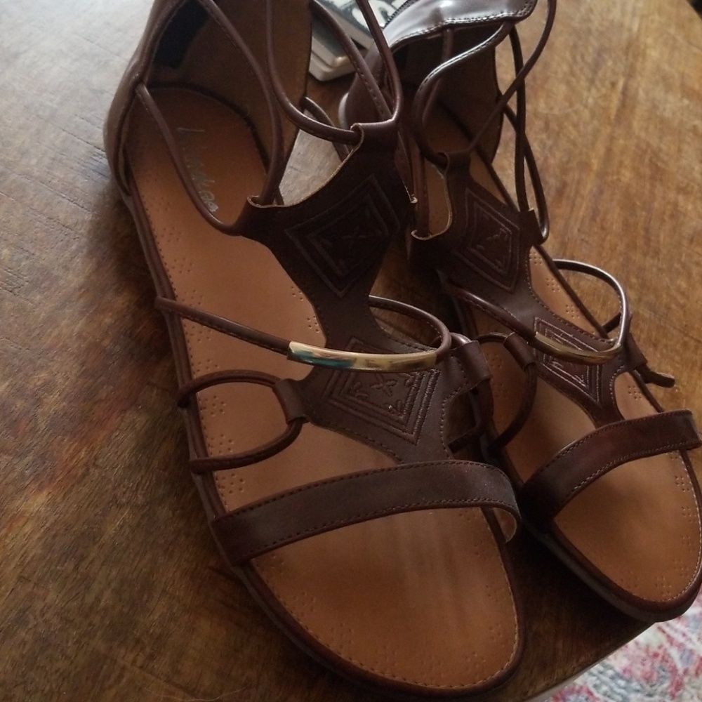 Brown leather back zip sandals